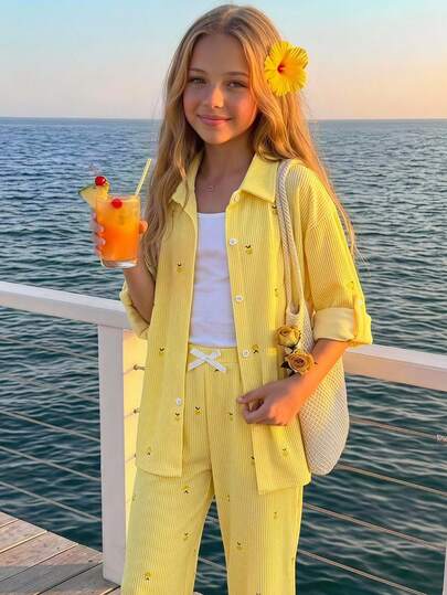 SHEIN Tween Girl Textured 2-Piece Set & Embroidered Lapel Long Sleeve Shirt & Same Fabric Elastic Waist Wide Leg Pants & Skin-Friendly Fabric & Relaxed Casual Style Women's Clothing & Spring/Autumn Daily Streetwear & Commute Outfit & Niche Design Minimalist Set KIDS