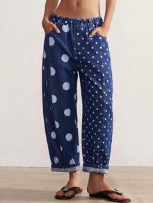 Bohemela Women's Polka Dot Print Casual Vintage Washed Long Pants Vacation Blue Polka Dot Autumn - Navy Blue - View 1
