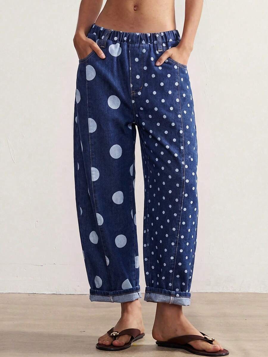 Bohemela Women's Polka Dot Print Casual Vintage Washed Long Pants Vacation Blue Polka Dot Autumn - Navy Blue - View 1