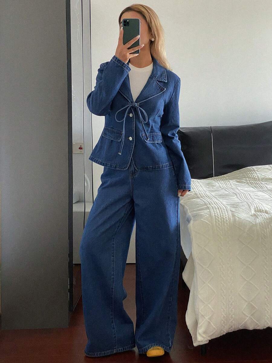 Livesso Lapel Tie Long Sleeve Cinched Waist Denim Blazer With Wide Leg Denim Pants Set Autumn Brunch Blue Casual Streetwear - Blue - View 1