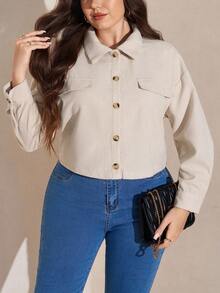 SHEIN LUNE Plus Size Fall Clothes Women Solid Color Minimalist Business Casual Long Sleeve Jacket Jackets Winter Autumn Back-To-School Office - Beige - View 7