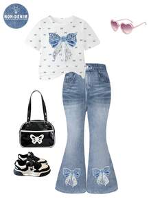 SHEIN Elladie kids 2件組女童夏季新款蝴蝶結印花圓領短袖T恤與彈性腰牛仔效果喇叭褲休閒套裝 - 彩色 - 查看 2