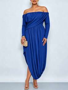 SOLERSUN Große Größen Off-Shoulder einärmliges Satin Abendkleid mit geraffter Taille und asymmetrischem Schlitz, elegantes luxuriöses langes Kleid für Partys - Blau - Übersicht 6