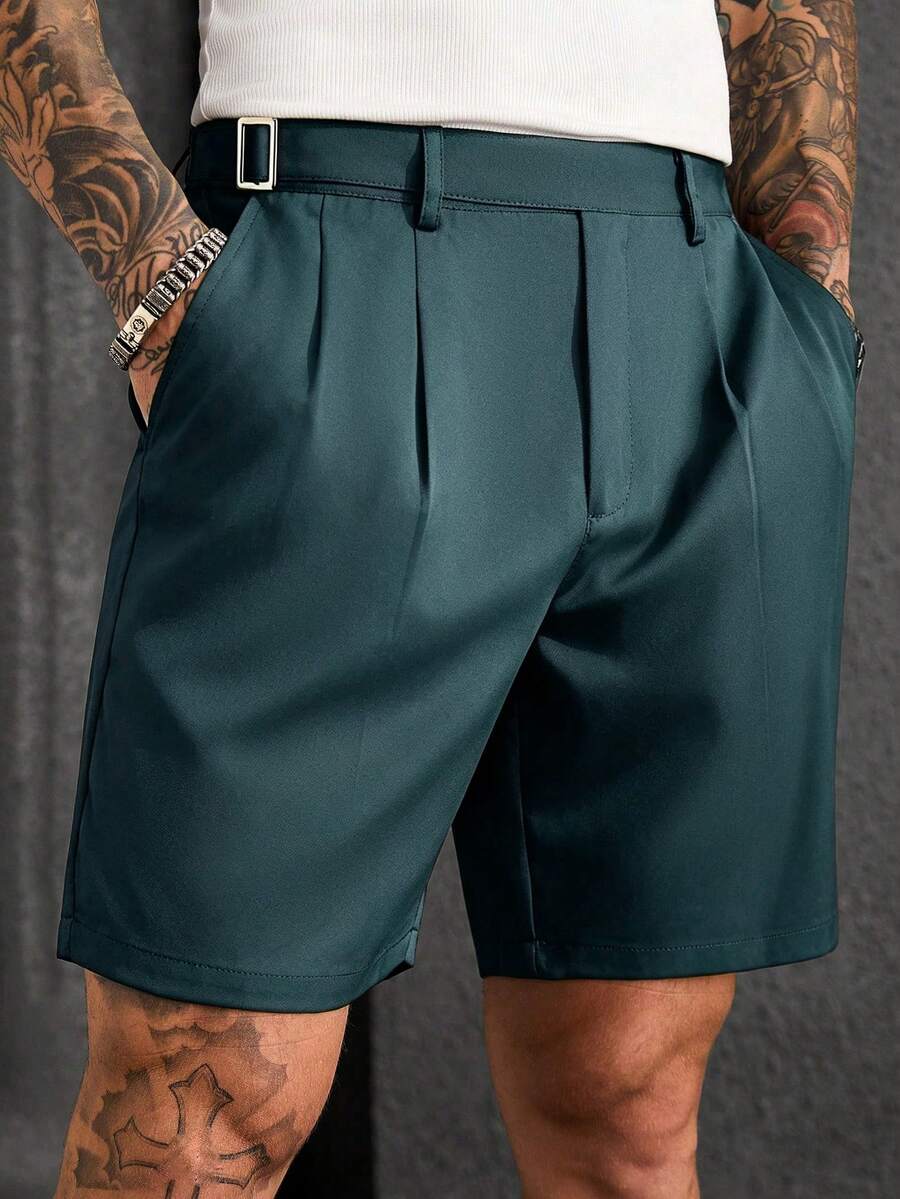 Manfinity CasualCool 男士黑色斜紋編織商務休閒西裝短褲 - 墨綠色 - 查看 1