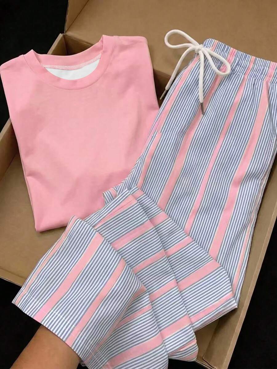 Comfortcana 2件組刺繡圓領短袖上衣與條紋印花長褲,休閒風 - 粉色 - 查看 1
