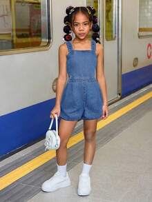 SHEIN Tween Girl Summer Beach Boho Cool & Street-Style Stonewashed Jumpsuit With Cross Back Straps And Open Back, Tween Girl Summer Beach Boho Holiday Clothes Back To School Streetwear Outfits,Girls Concert Rave Casual Outfits - Dark Wash - View 2
