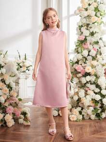Vestido holgado con cuello de halter sin mangas en línea A, con recorte en la espalda con forma de corazón, encaje, volantes y lazo para niñas preadolescentes - Rosa - Ver 6