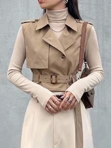 DAZY Lapel Neck Belted Vest Jacket - Khaki - View 10
