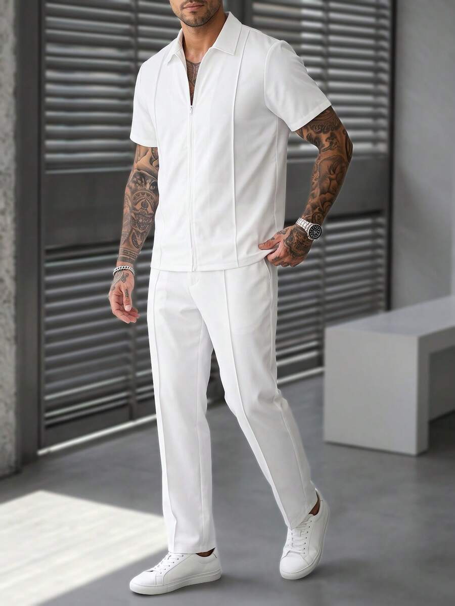 Manfinity Homme Men's Mature Casual Shirt Set, Toothpick Pleats And Zipper Design Suitable For Daily Wear, Ideal Gift For Boyfriend And Husband - White - View 1