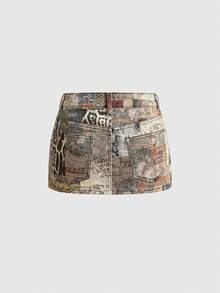 ROMWE Grunge Punk Y2K Millennium Retro Style Leopard Print Floral Print Y2K Fitted Denim Mini Skirt - Multicolor - View 2