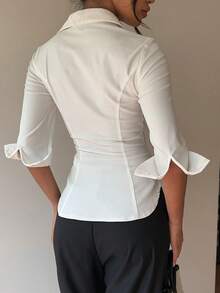 Siren Gaze White V-Neck Blouse For Women, Ruched Waist Long Sleeve Shirt, Solid Color Pleated Button Up Collared Blouse Winter Casual Fall With Lace Trim Work - White - View 2