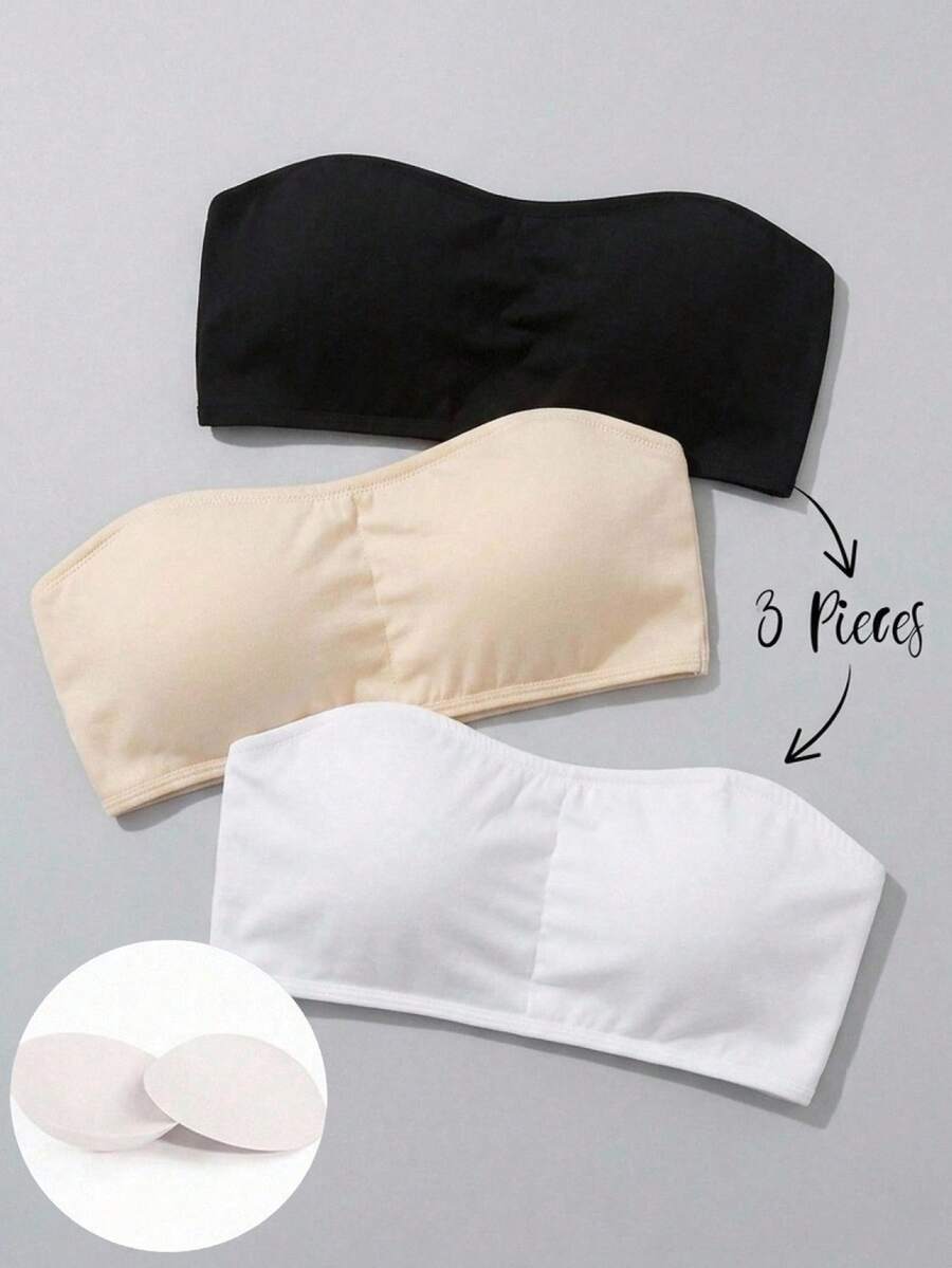 SHEIN Conjunto de 3 sujetadores tipo bandeau para niña preadolescente, sencillos, cómodos, suaves y amigables con la piel, con relleno, para la vuelta al cole - Multicolor - Ver 1