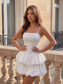 Poshira White Sequin Mesh Ruffle Strap Evening Dress - White - View 5