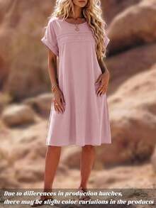Linhara Plus Size Women Solid Color Lace Hollow Out Sleeveless Dress - Pink - View 3