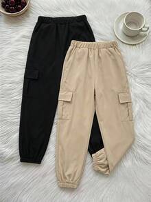 Tween Girls Straight 2pcs Solid Color Elastic Waist Cargo Pocket Ankle Tie Casual Baggy Modest Pants Set Autumn/Winter Back-To-School Black Pink - Multicolor - View 1