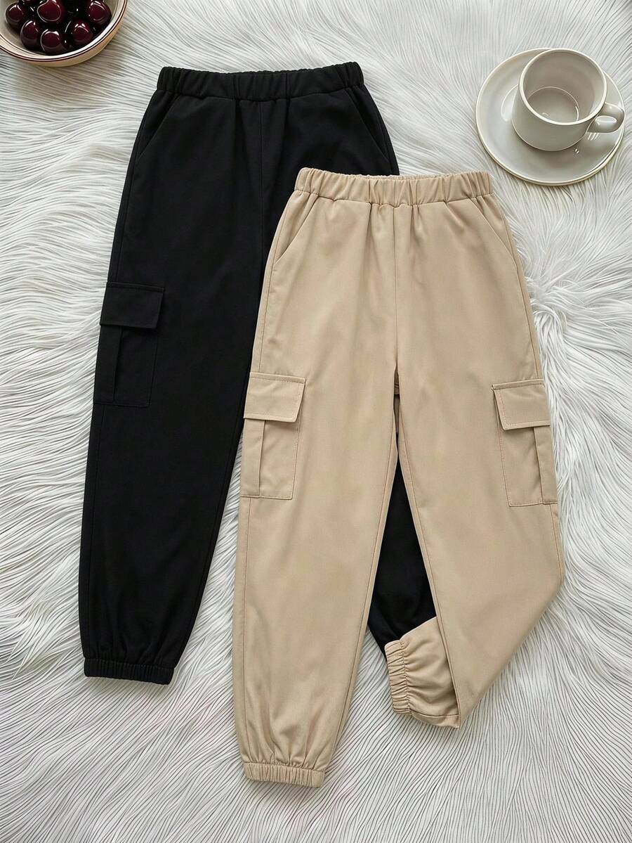 Tween Girls Straight 2pcs Solid Color Elastic Waist Cargo Pocket Ankle Tie Casual Baggy Modest Pants Set Autumn/Winter Back-To-School Black Pink - Multicolor - View 1