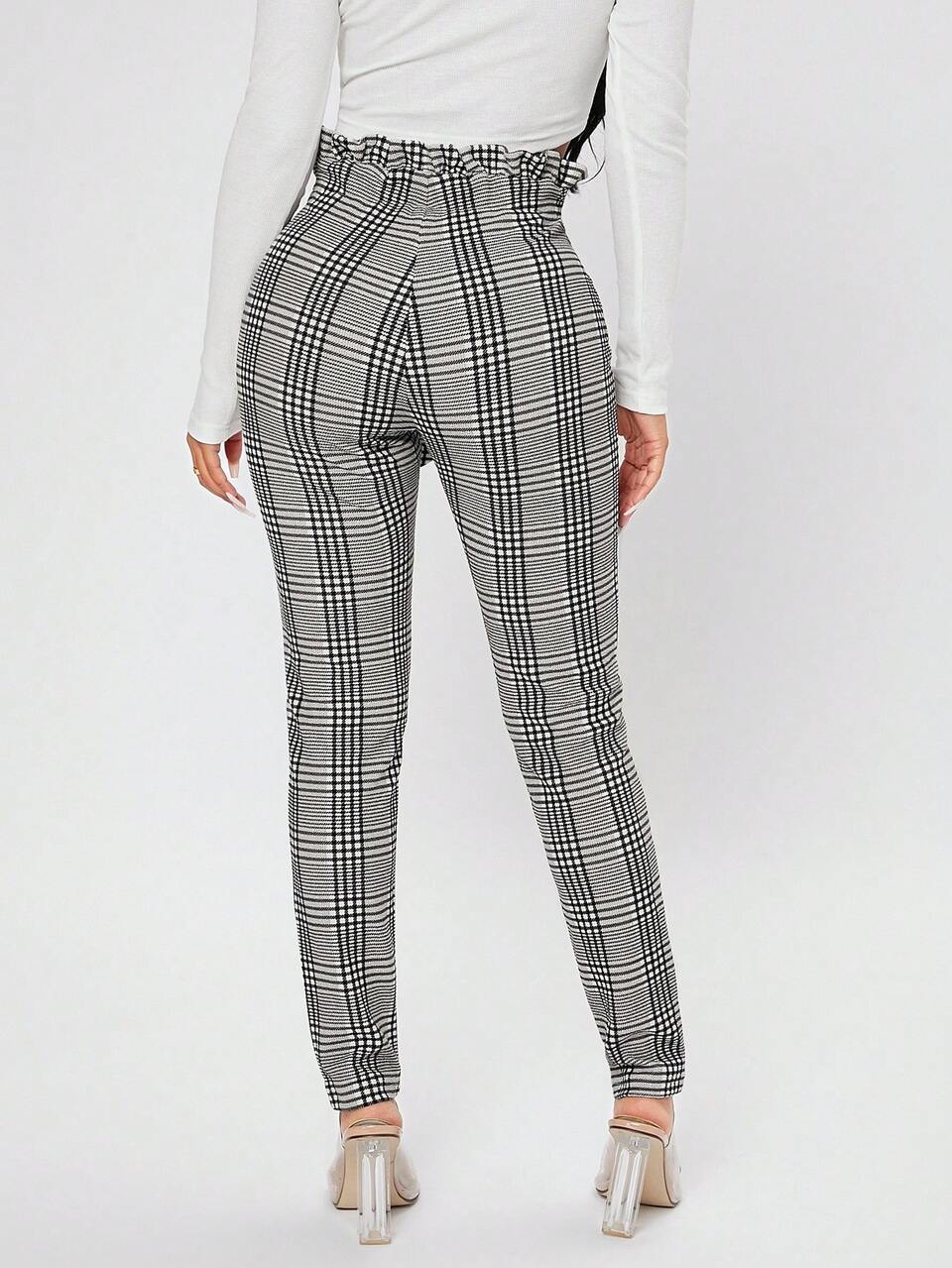 Plaid Print Paperbag Waist Knot Front Pants ,Petite Women
