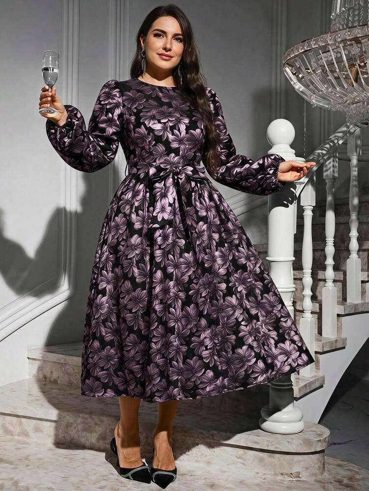 Reflora Plus Size Women's Elegant Celestial Autumn/Winter Party Formal Evening Long Sleeve Mid-Length Dress Fall Christmas Black