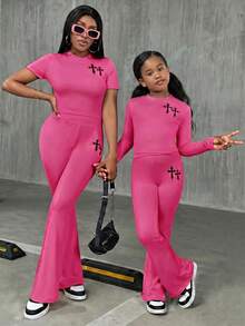 SHEIN Tween Girls Casual Street Style Solid Color Crew Neck Long Sleeve Knit Set - Hot Pink - View 1