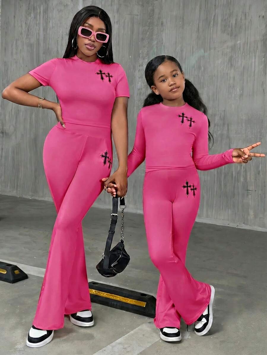 SHEIN Tween Girls Casual Street Style Solid Color Crew Neck Long Sleeve Knit Set - Hot Pink - View 1