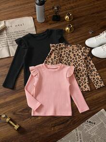 SHEIN 3件組女童幼兒秋冬時尚嬰兒粉色＋經典純黑色荷葉袖圓領長袖打底T恤返校上衣 - 彩色 - 查看 3