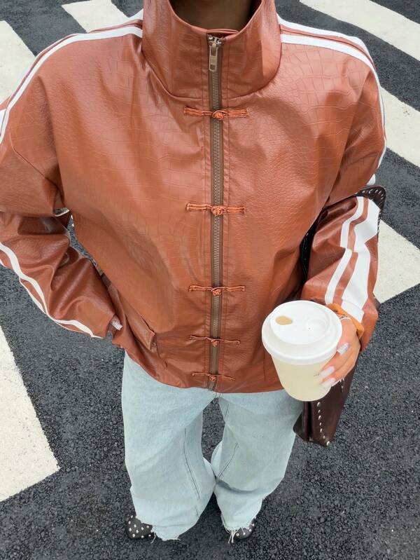Muchica Street Style Striped Colorblock High Neck Zipper PU Leather Jacket