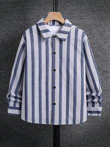 SHEIN 兒童青少年男孩休閒學院風百搭日常穿著藍白條紋領口寬鬆長袖梭織鈕扣襯衫，適合通勤、上學、休閒外出、運動，春、夏、秋、冬四季適用 - 藍色 - 查看 2
