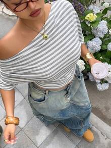 Muchica Plus Size Summer Casual Striped Asymmetric Collar T-Shirt - Light Grey - View 6