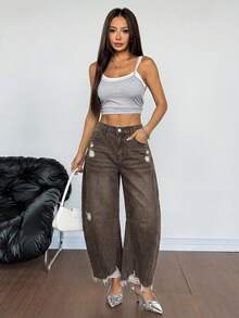 SHEIN PETITE 女款深棕色破洞錐形休閒街頭風原色下擺牛仔褲，附口袋，適合夏季日常穿著 - 棕色 - 查看 7
