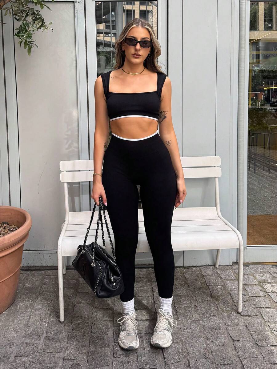 hollyjadebate Women's Minimalist Contrast Trim Wireless Sports Bra And Leggings Set Black - Black - View 1