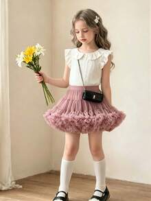 SHEIN 青少年女孩休閒 Clean-Girl 風格蓬蓬裙，可愛優雅網紗公主生日裙，適合秋季 - 藕粉色 - 查看 2
