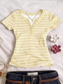 SHEIN Tween Girl Summer Casual Striped Short Sleeve T-Shirt - Yellow - View 1
