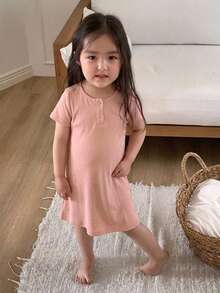 DAZY 女嬰圓領鈕扣式簡約舒適居家服幼兒 - 淺粉色 - 查看 5