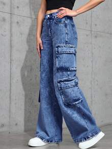 SHEIN 青少年女孩 Y2K 90年代秋季街頭斜口袋純色水洗牛仔褲，口袋設計柔軟優雅休閒直筒工裝牛仔褲，適合通勤、運動、返校，工裝褲 Y2K 牛仔褲寬鬆牛仔褲水洗丹寧牛仔褲寬腿工裝牛仔褲 - 深色水洗藍 - 查看 3