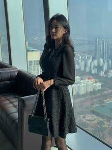 DAZY Gaun Pendek Wanita Elegan Formal untuk Liburan Musim Semi/Gugur dengan Patchwork Kain, Kerah Berlipit dan Berumbai, Lengan Panjang - Hitam - View 4