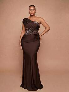 Glamrae Plus Size Elegant Classy Deep Coffee Cold Shoulder Asymmetric Neckline Sequin Bodycon Mermaid Tail Formal Dinner Heavy Work Gown New Year Fall - Coffee Brown - View 6