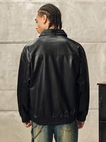Loose Fit Men's Long Sleeve Flap Pocket PU Leather Zipper Front Rave Jacket, For Fall Winter - Black - View 2