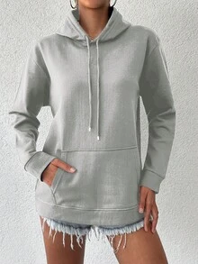EURMUSE Women's Solid Color Drawstring Hoodie - Grey - View 3