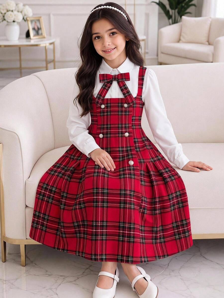 Tween Girls' 2 In 1 Plaid Mini Dress, Long Sleeve, Collared, Bow Decor, Shirt Splicing, Fashion, Preppy Style, Autumn/Winter, Outfit