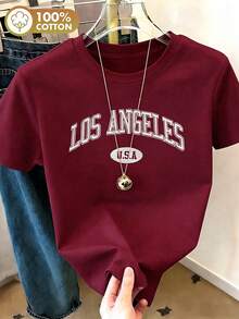 Resyla 女款字母刺繡純棉短袖圖案T恤上衣，舒適日常穿著，禮物 - 酒紅色 - 查看 4