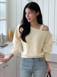 Dazy Kids Teen Girl Autumn Casual Solid Color Asymmetric Collar T-Shirt - Apricot - View 3