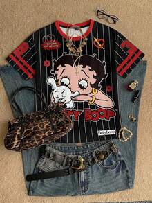 Attitoon Betty Boop x SHEIN 休闲运动街头风百搭派对机场穿搭，黑红条纹数字字母印花学院风，音乐节夏季户外女式圆领宽松短袖T恤 - 彩色 - 查看 1