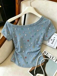 Resyla Retro Sexy Light Blue Rhinestone Pattern, Side Waist Shirring Women's Slim Fit T-Shirt. Night Out Date Night Summer - Multicolor - View 2