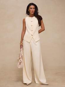 Glamine Beige Sleeveless Vest Gold Button High Waist Wide Leg Pants Two Piece Set Old Money Quiet Luxury Elegant Office Work Business Commute Fall Formal Chic - Apricot - View 5