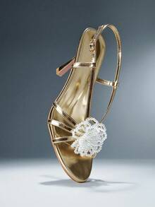 SHUZIA Women's Elegant Minimalist Pearl Floral Decor Back Strap Stiletto Heel Sandals - Gold - View 7