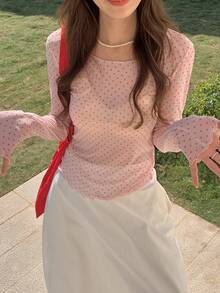 DAZY Atasan Wanita Kasual Jala Leher Bulat Lengan Panjang Motif Polkadot Musim Gugur - Baby Pink - View 5