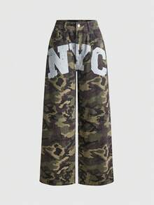 ROMWE 春夏 Y2K 街頭風 NYC 側邊印花 破舊水洗 超低腰 寬鬆直筒 迷彩牛仔褲 - 軍綠色 - 查看 5