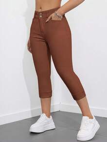 SHEIN Essnce 休閒水洗修身牛仔褲 - 咖啡棕 - 查看 3