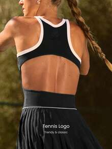 GLOWMODE Soft Swing Built-In Shorts Side Pockets Contrasting Trim Crewneck Ultra-Low Rise Pleated Racerback Tennis Dress Golf Pickleball Daily Casual Wear - Black - View 4