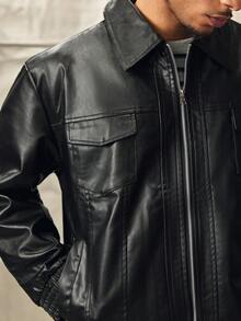 Loose Fit Men's Long Sleeve Flap Pocket PU Leather Zipper Front Rave Jacket, For Fall Winter - Black - View 8